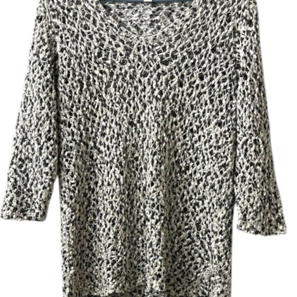 J. Jill Black White Loose Knit V-Neck 3/4 Sleeve Sweater 100% Cotton - Picture 3 of 10